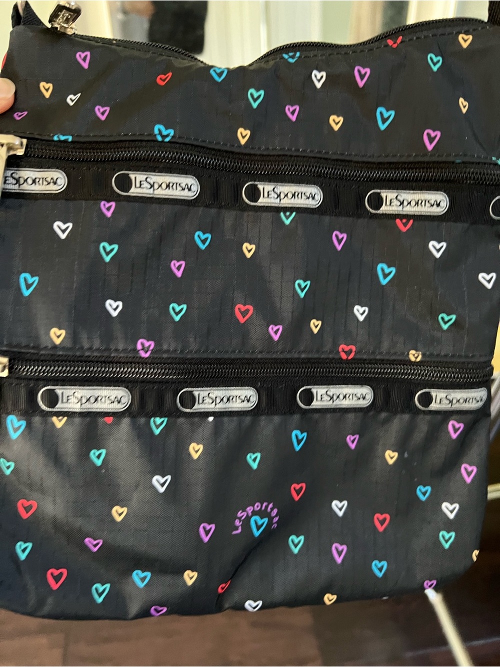 Lesportsac Black Crossbody Bag with Multicolor Heart Print - Picture 2 of 4